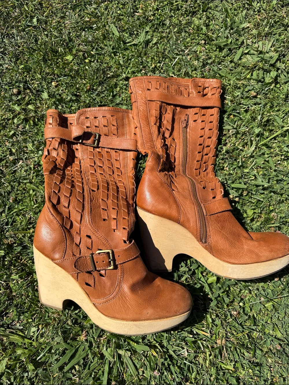 Kenneth Cole Woven Leather Mid-Calf Heeled Boots in Cognac